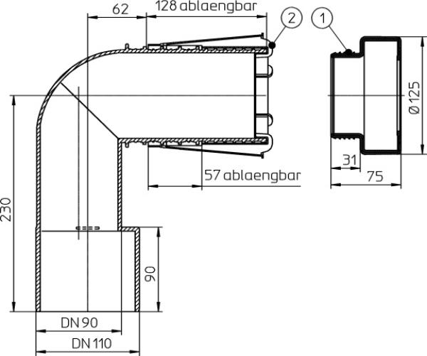 WC-Anschlussbogen DN90/110 PE mit Gummilippendichtung mit Stützring und Bauschutz   HL225/90